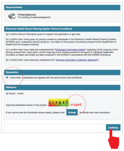 print, Read the terms and conditions, input the validation code